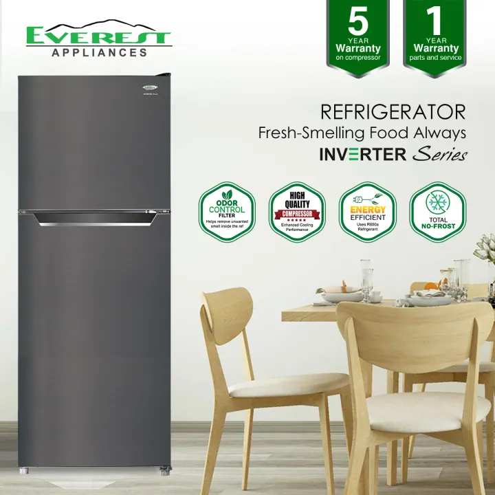 EVEREST 7.8 cu.ft No Frost Inverter Two Door Refrigerator|Wide Operation Voltage|Odor Control Filter|148L|Total No Frost Inverter| Stylish Interior LED Light| 1 Spill-Free & toughened glass shelf| Fast Shipping |Quality Product/