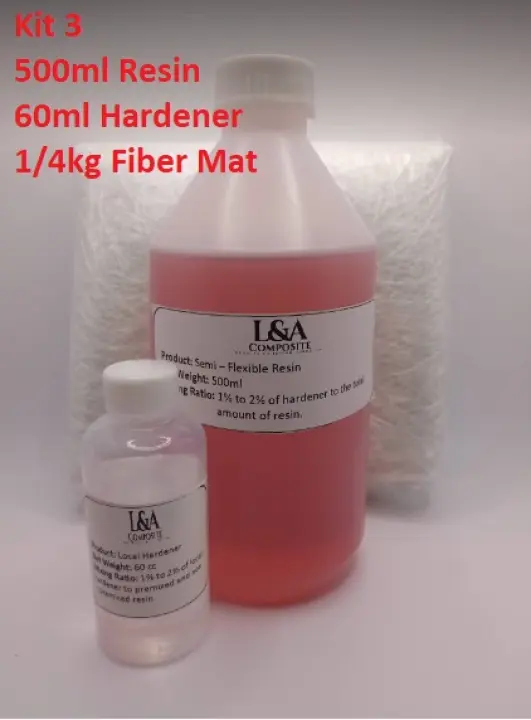 Fiberglass Premix Resin (B) Kit 3 - 500ml Resin, 60ml Hardener  with 1/4kg Fiber Mat