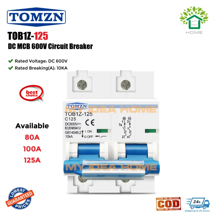 TOMZN 2P DC MCB 10KA 600V Mini Circuit Breaker 80A / 100A / 125A TOB1Z-125