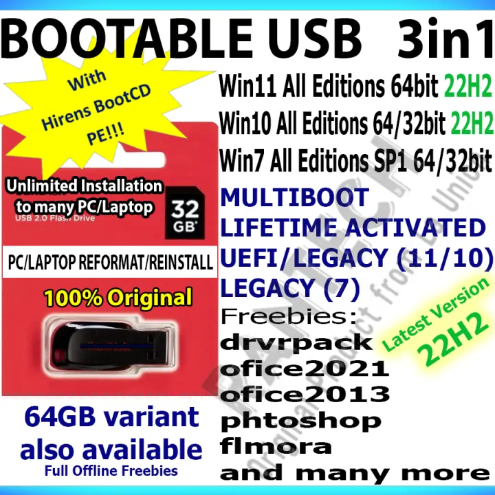 BOOTABLE USB 3 in 1 - win7 + win10 + win11 | Lazada PH