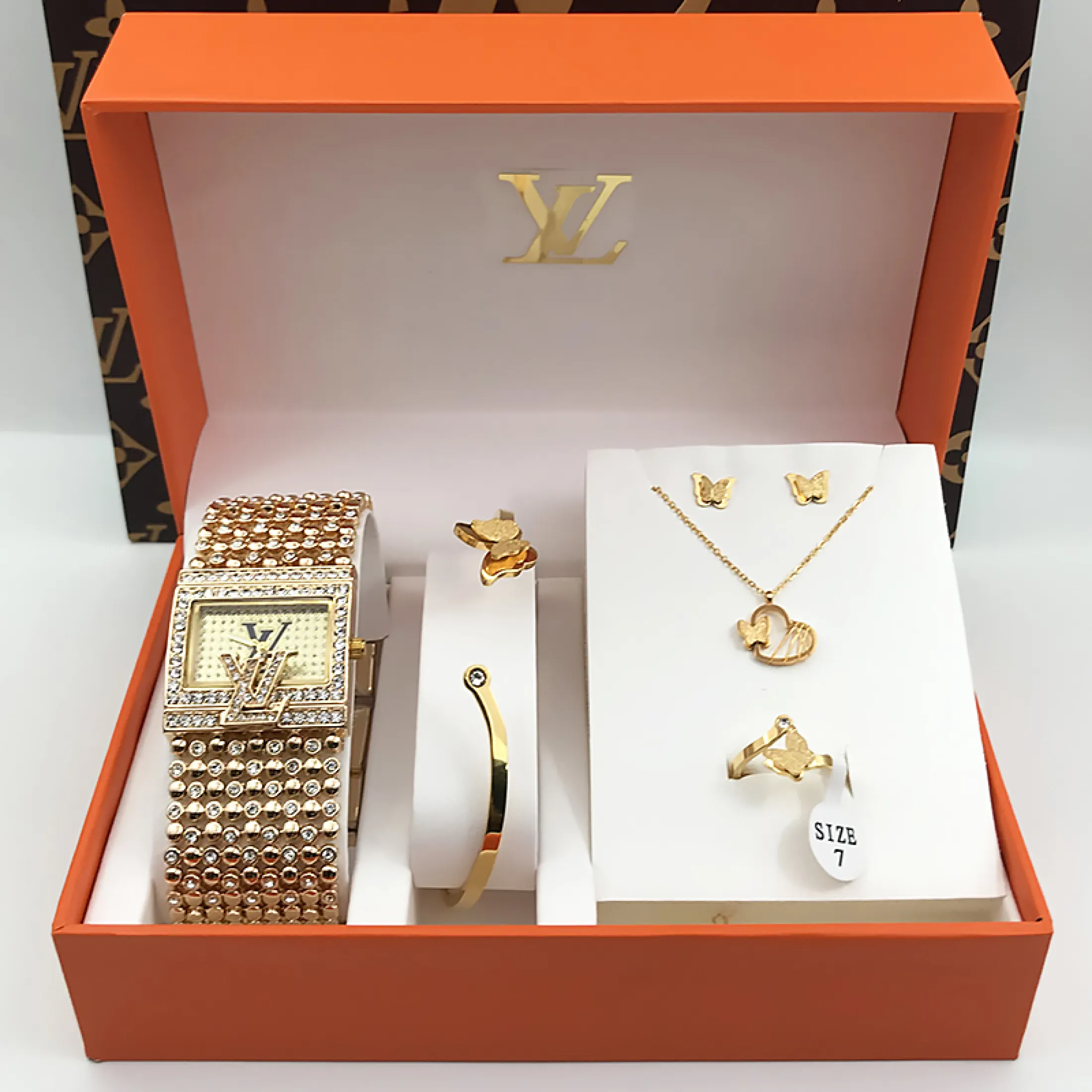 LV Louis Vuitton Jewelry Set for Women 5 in 1 with Watch Bracelet Ring Earrings Necklace LV Louis VuittonSet for Women LV Accessories Set GUCCIs Watch for Women Set LV Watch