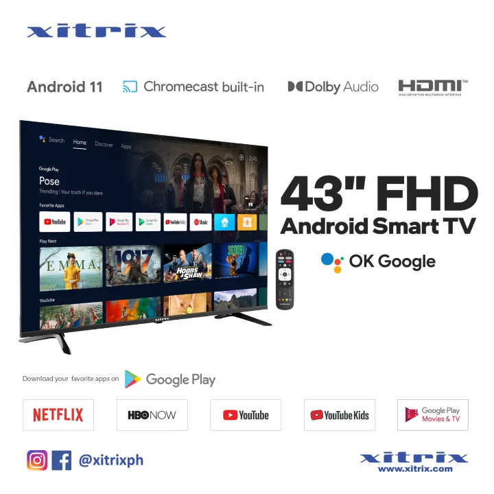 Xitrix 2023 Model 43-inch Full HD Bezel Free Android 11 Smart ISDB Digital TV; 2 Years Warranty Laz Top Seller (Google Playstore, Chromecast Built in, Google Assistant , Dolby Audio)