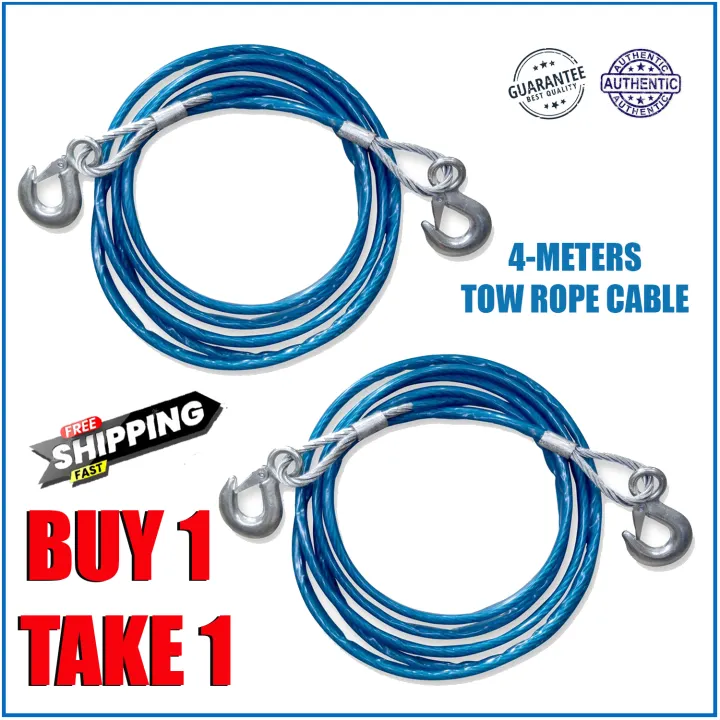 SET OF 2 Heavy Duty 5 Tons 4 Meter Steel Wire Tow Rope Cable Towing Pull Strap Cable With Hook