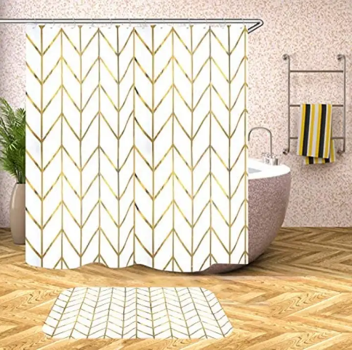 Jtmall Shower Curtain With Gold Chevron, White And Gold Shower Curtain Hooks