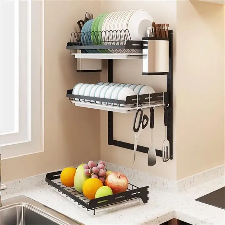 Hanging Dish Drying Rack Wall Mount 3 Tier Kitchen Plate Bowl Spice Organizer Storage Shelf Holder With Drain Tray Over The Sink Hooks Stainless Steel Black Coating Lazada Ph - Plate Holder For Wall Hanging