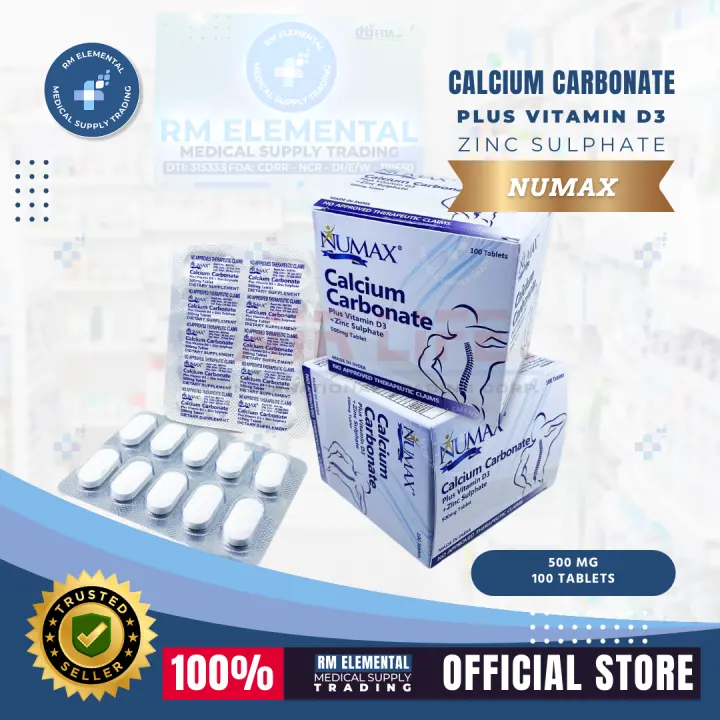 Calcium Carbonate +Vit. D3 + Zinc by Numax (100 tablets per Box) for Bones