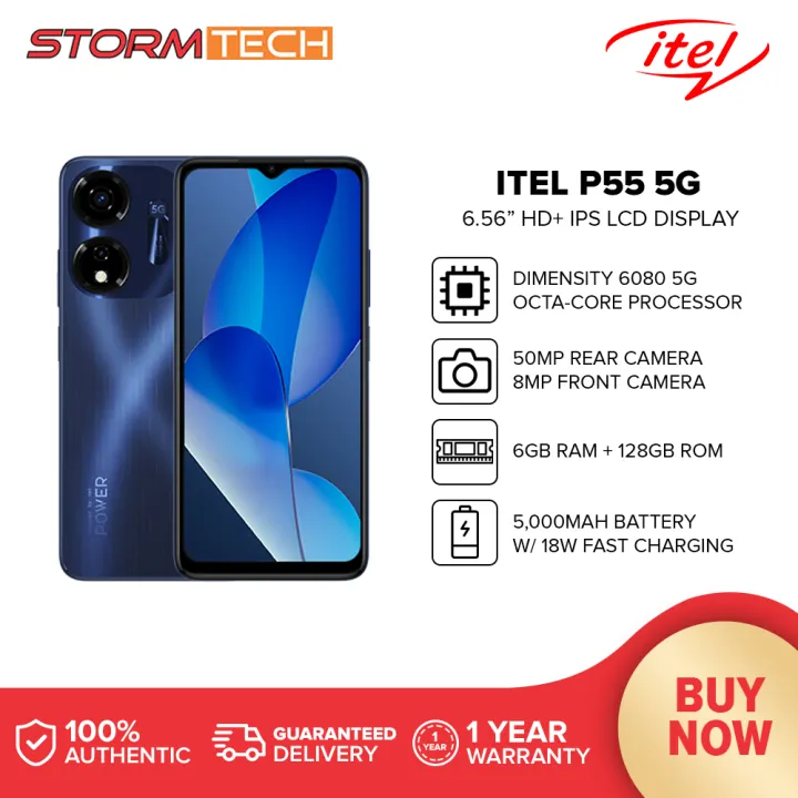 Itel P55 5G Smartphone | 6GB+128GB | MediaTek Dimensity 6080 | 6.56” HD+ IPS LCD Display | 50MP Rear Camera | 5000mAh Battery w/ 18W Fast Charging | Itel OS 13