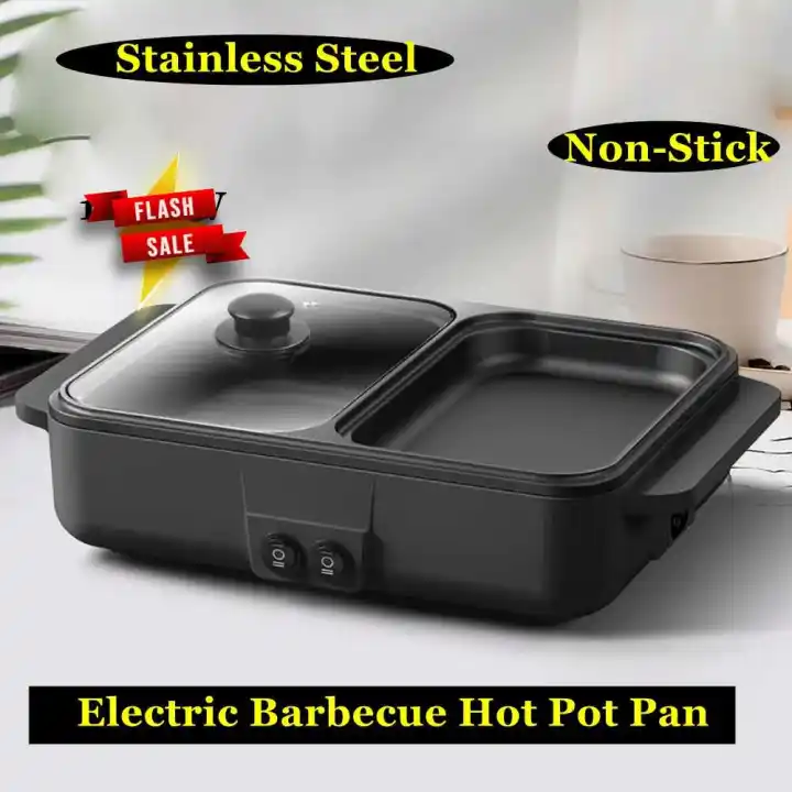 Electric Mini Grill with Hot Pot, 2 In 1 Indoor Non-Stick Hot Pot and Baking Pan Tray Plate, Electric Hot Pot Cooker with Lid for Dorm Room Student