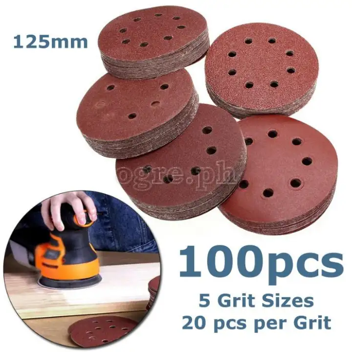 Pack of 100pcs Assorted Grit Aluminum Oxide 8-Hole Sanding Discs 125mm (5”)