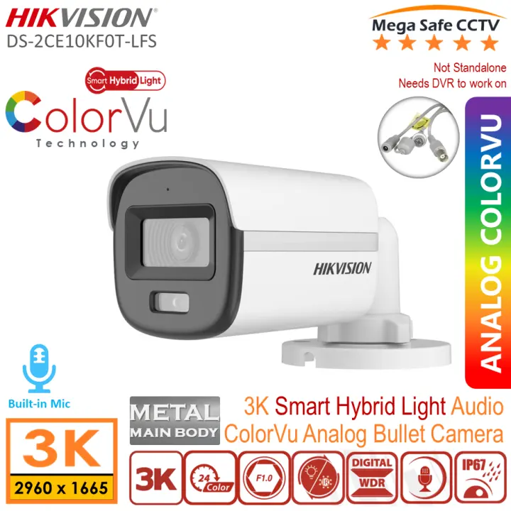(2025 New)HIKVISION DS-2CE10KF0T-LFS 3K Smart Hybrid Light(New ColorVu) Analog Audio Bullet Camera, F1.0 Aperture Built-in Mic Switchable  (TVI/AHD/CVI/CVBS) CCTV Camera