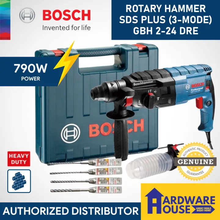 ORIGINAL BOSCH Rotary Hammer GBH 2-24 DRE SDS Plus Set With Drill Bits and Dust Cup Kit 3 Mode Impact Drilling & Chiseling HEAVY DUTY For Concrete Masonry Ceramic Porcelain Granite Tiles GBH2-24 GBH220 2-20 RE DRE 220 UPGRADED (BCRDTL)
