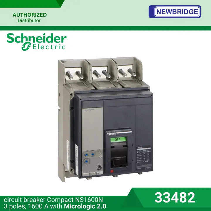 Compact NS Circuit Breaker NS1600N, 50 kA at 415 VAC, Micrologic 2.0 trip unit, 1600 A, fixed,3 poles 3d by Schneider Electric - Newbridge 33482