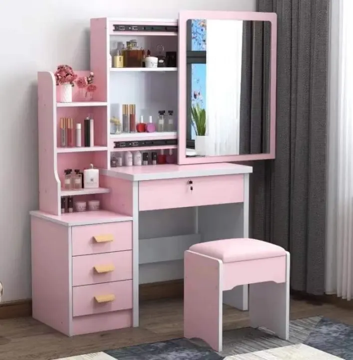 European Style Vanity Dresser Table, Light Pink Dresser With Mirror