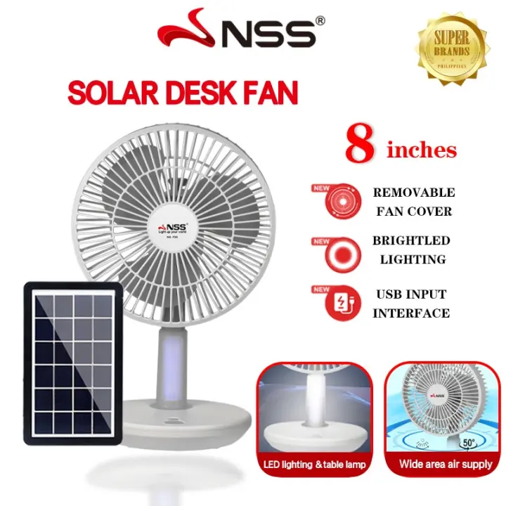 NSS Solar Desk Fan with Light 8"solar Rechargeable Fan solar Electric Fan with Panel retractable fan NS-F827
