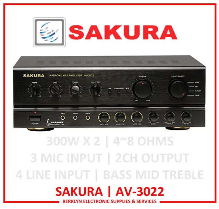 Sakura AV-3022 / 2CH Karaoke Amplifier / 300W x 2 / 4-8 OHMS / 4 LINE INPUT / AV3022