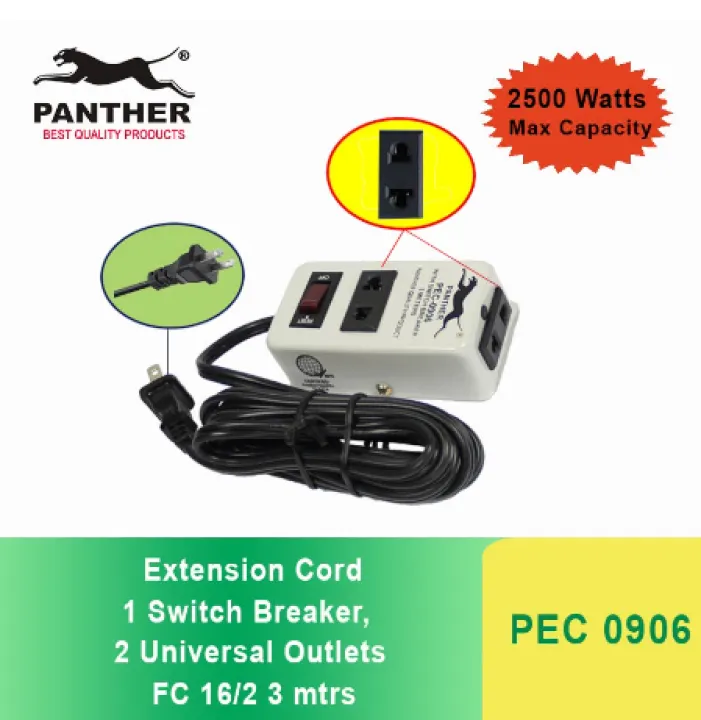 Panther PEC 0906 Extension Cord 1 Switch w/ Breaker, 2 Universal Outlets 3 meters