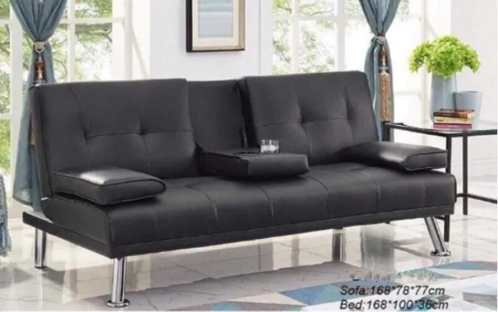 Futon Sofa Bed Faux Leather Couch, Leather Futon Couch With Cup Holders