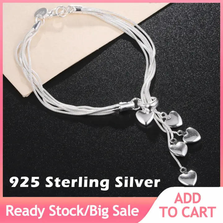 925 Sterling Silver Heart Style Charm Chain Bracelet for Women Fashion Jewelry