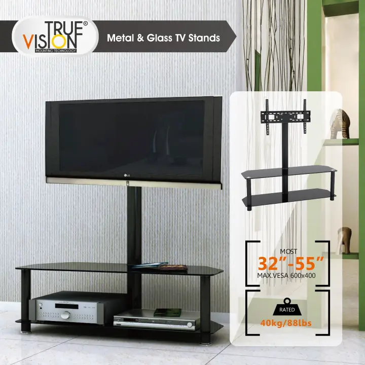 True Vision Glass And Metal Tv Stand Rack For 32 55 Tv1004l Black Lazada Ph