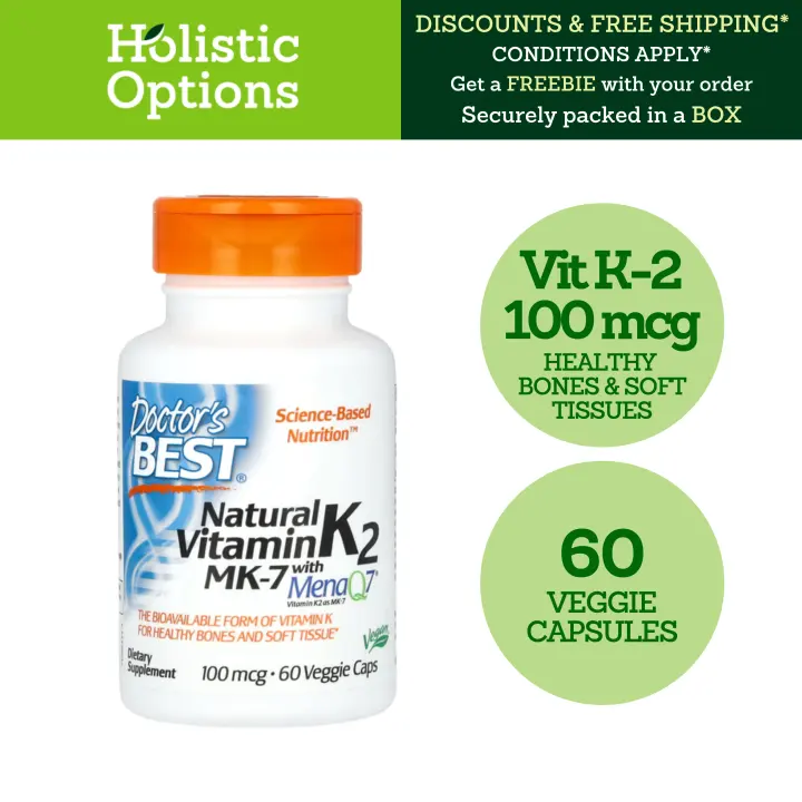 Natural Vitamin K2 MK-7 with MenaQ7, 100 mcg, For Healthy Bones and Soft Tissue , 60 Veggie Caps