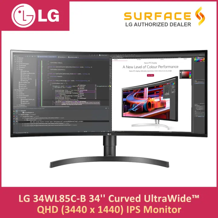 LG 34WL85C-B UltraWide 34” 21:9 Curved WQHD (3440 x 1440) IPS Display, sRGB 99% Color Gamut, HDR 10, Height / Tilt Adjustable Stand