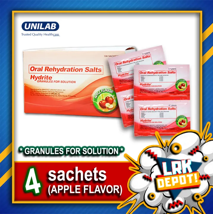 Hydrite Oral Rehydration Salts (4 sachets) Apple flavor - Electrolyte Replenisher Solution Drink by UNILAB