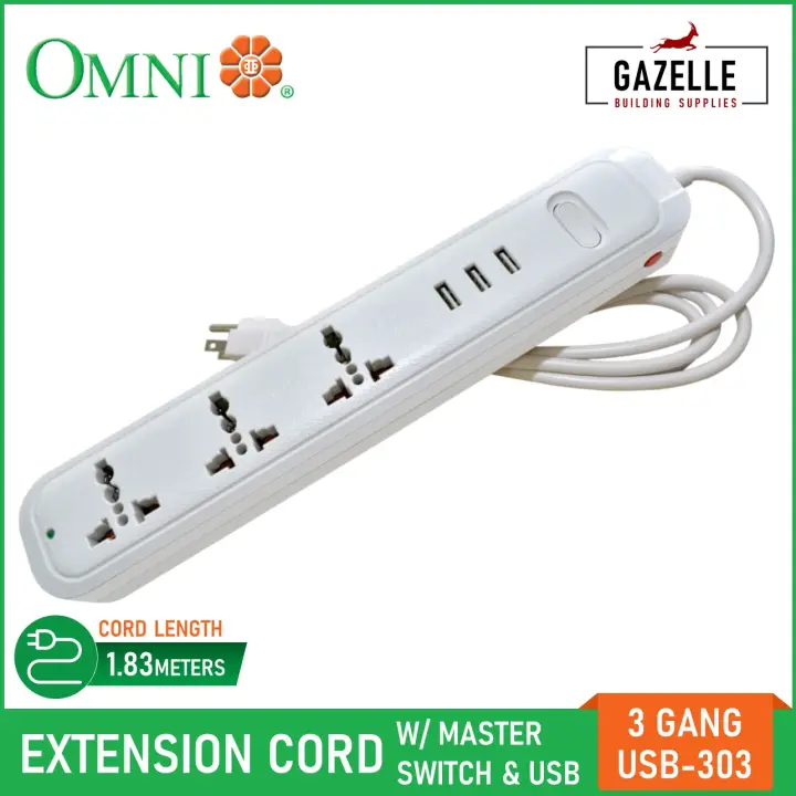 Omni Travel Extension Cord 3 Gang w/ 3x USB Outlet 1.83 meter wire - USB-303 USB303