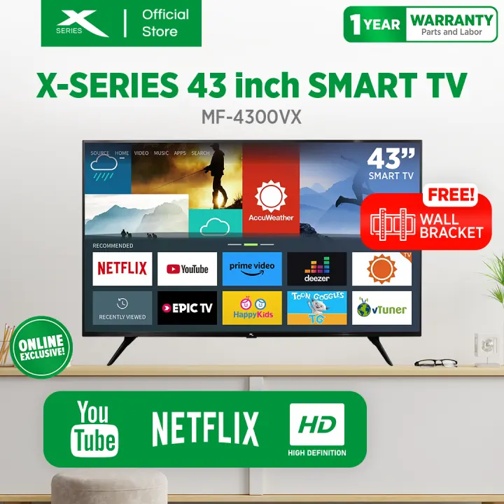 X-SERIES 43 inch Linux Smart TV Full HD Slim Bezel Pre-installed Netflix YouTube Mobile Screen Mirroring 1920x1080 with Free Wall Bracket (Black) [MF-4300VX]