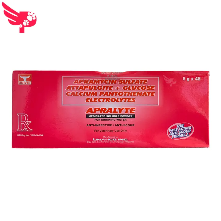 Apralyte - Anti-Scour - 1 Box (6g x 48 sachets) - Soluble Powder - Apramycin Sulfate Attapulgite + Glucose Calcium Pantothenate Electrolytes - UNIVET - UNAHCO - for Pigs, Hogs, Swine - 6 grams x 48 sachets - petpoultryph