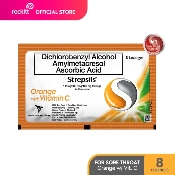 Strepsils Orange with Vitamin-C Medicine Lozenges Pack of 8s for Sore Throat and Itchy Throat
