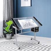 Artist Loft Glass top adjustable drawing table, drafting table, toughened glass top art and craft table with 2 slide drawers and wheels