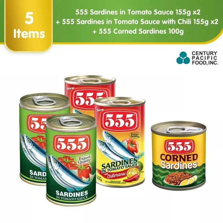 555 Sardines in Tomato Sauce 155g Pack of 2 + 555 Sardines in Tomato Sauce with Chili 155g Pack of 2 + 555 Corned Sardines 100g