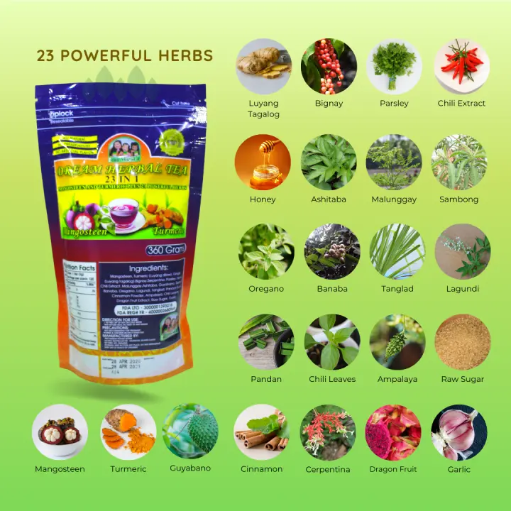 Dream Herbal Tea 23 In 1 Herbs Tea Ginger Guyabano Malungay Ashitaba Oregano Banaba Sambong Tanglad Lagundi Pandan Raw Sugar Chili Cinnamon Healthy Drink Lazada Ph