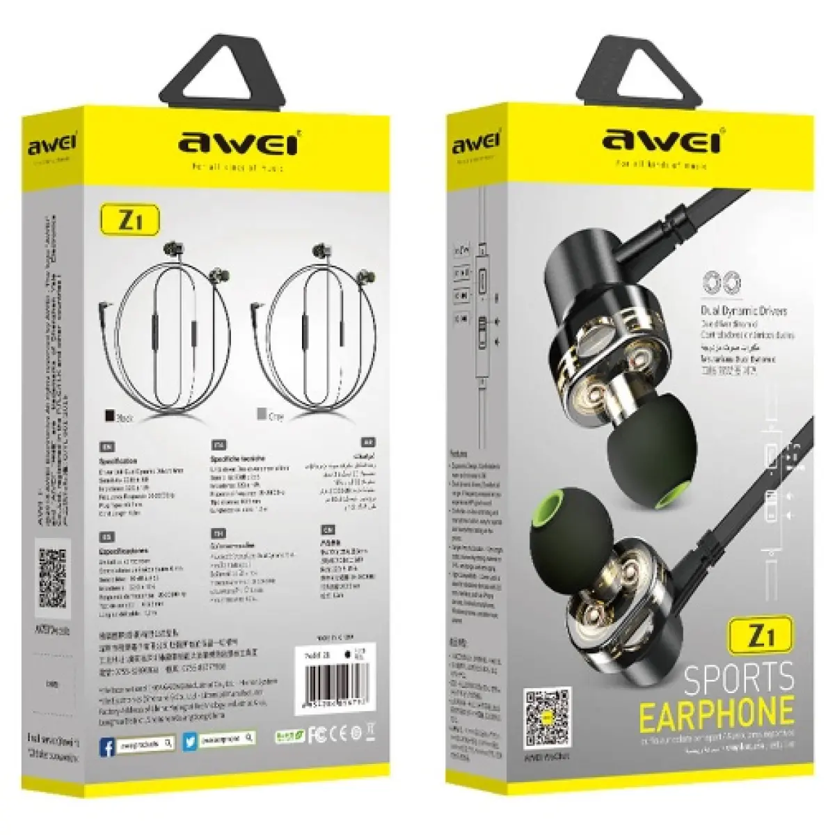 Awei Z1 Dual Dynamic Drivers Wired Super Bass Stereo Sports Earphone Headphones With Microphone