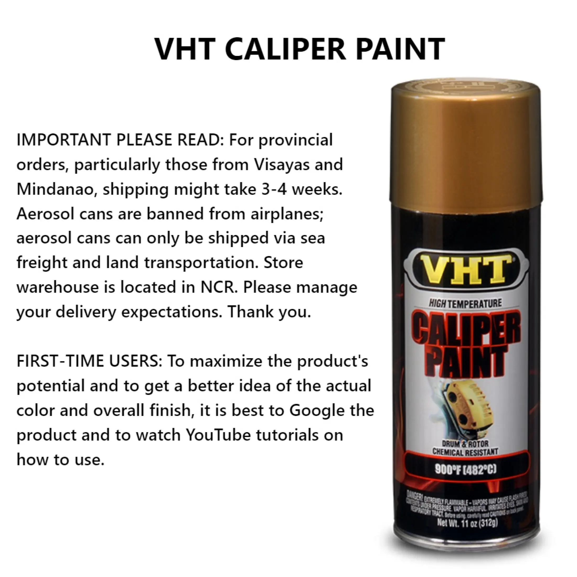 VHT Caliper Spray Paint (avail in these colors: REAL RED / BRIGHT YELLOW /  GLOSS CLEAR / BRIGHT BLUE / GLOSS BLACK / CAST ALUMINUM / GOLD | Lazada PH