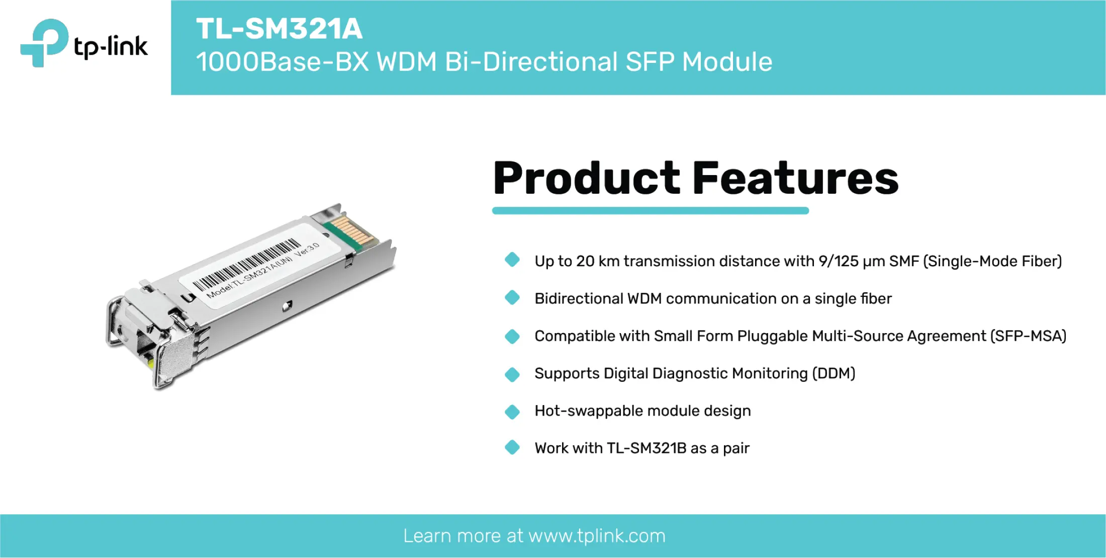 TP-Link TL-SM321B 1000Base-BX WDM Bi-Directional SFP Module TX: 1310nm/RX: 1550nm 
