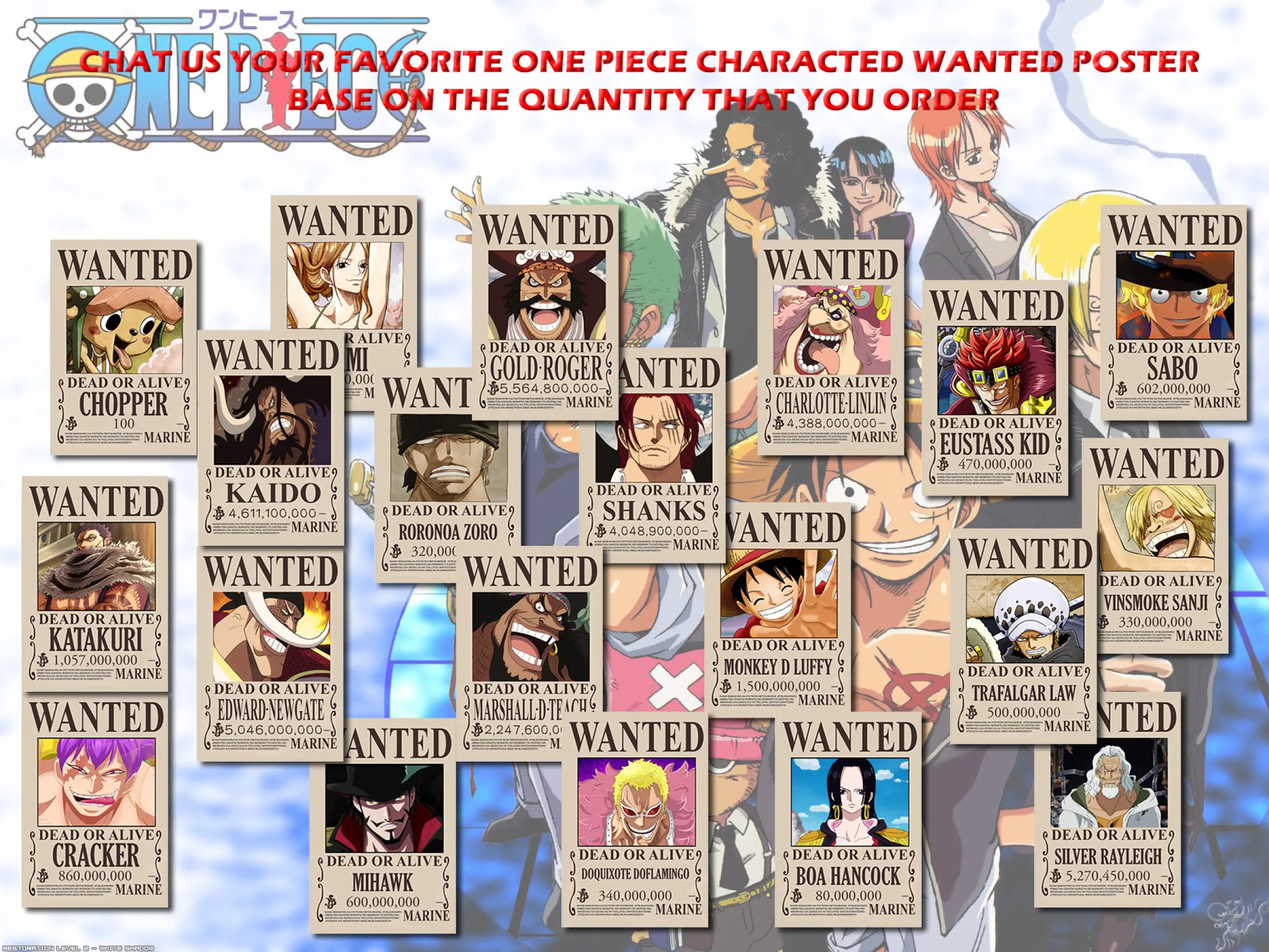 High Quality Print One Piece Wanted Poster Luffy Pirate King Emperor Yonko Pirates Shichibukai Warlords Chat Us Any Your Favorite Wanted Poster Base On The Quantity That You Order Lazada Ph