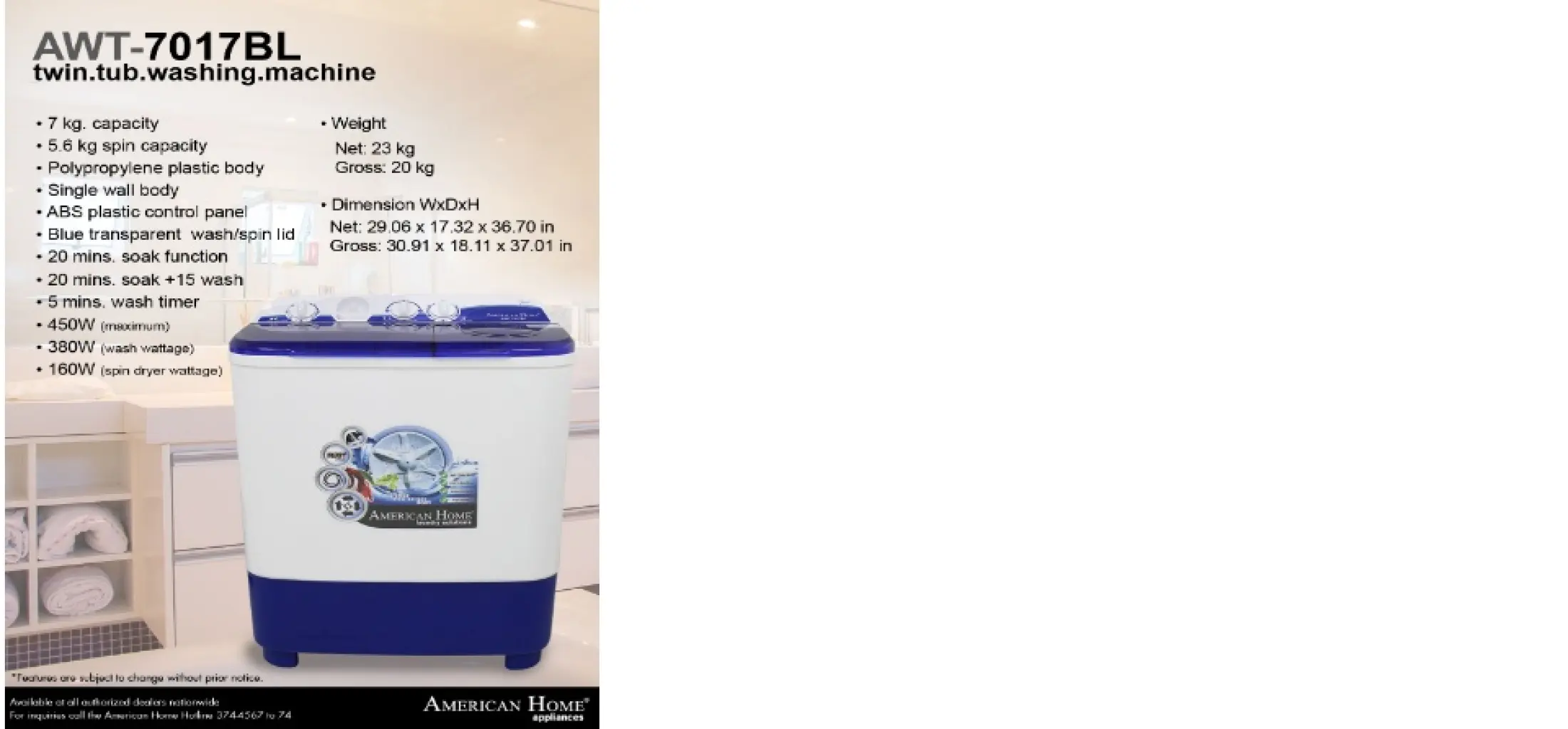 American Home 7 0kg Twin Tub Washing Machine Awt 7017bl Lazada Ph