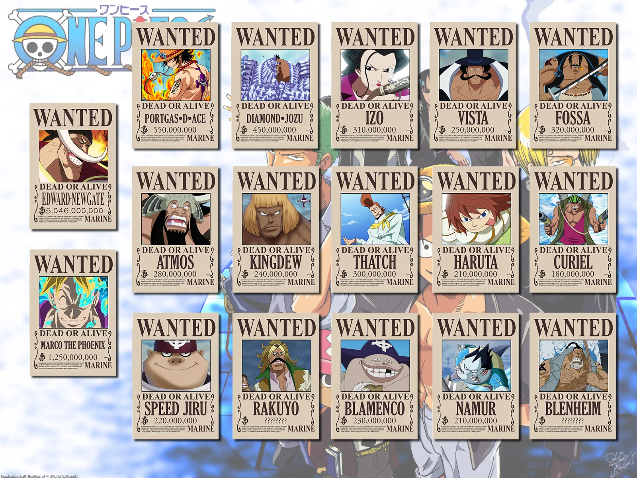 One Piece Whitebeard Pirates Wanted Poster Yonko Emperor Edward Newgate Marco The Phoenix Portgas D Ace Diamond Jozu Izo Vista Fossa Izo Blamenco Curiel Atmos Kingdew Thatch Blenheim Speed Jiru Namur