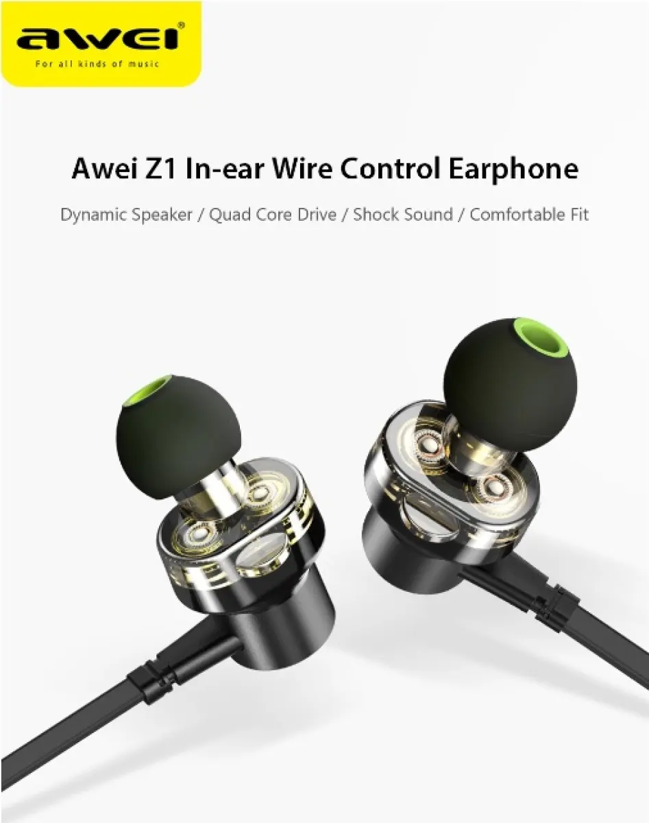 Awei Z1 Dual Dynamic Drivers Wired Super Bass Stereo Sports Earphone Headphones With Microphone