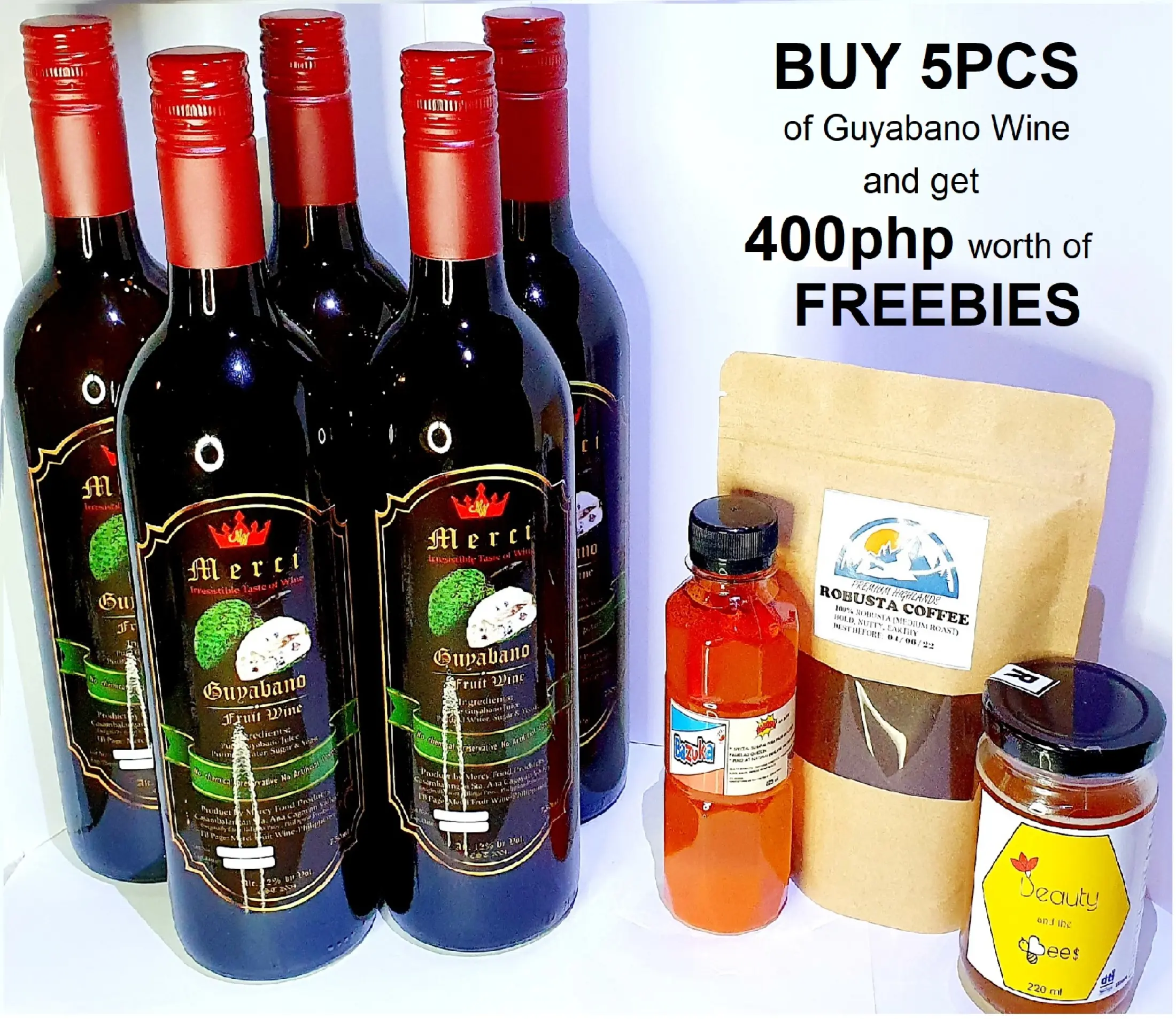 Big Bundle Of 5pcs Merci Fruit Guyabano Wine 1 Free 2ml Raw Honey 1 Free 225ml Sampler Special Sukang Tuba From Pagbilao Quezon 150grams Kalinga Highlands Robusta Coffee Lazada Ph