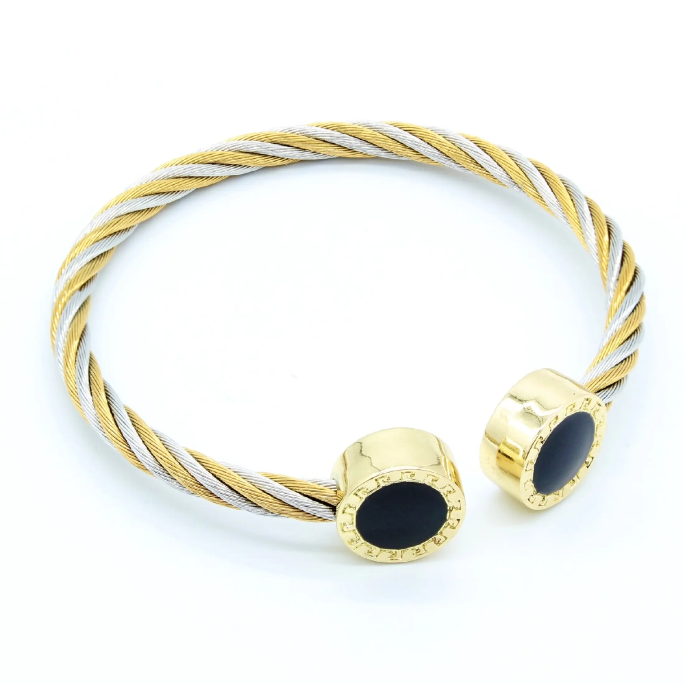 Stainless Steel Two Toned Twisted Cable Cuff Bangle Bracelet With Greek Key Pattern Silver And Gold Lazada Ph